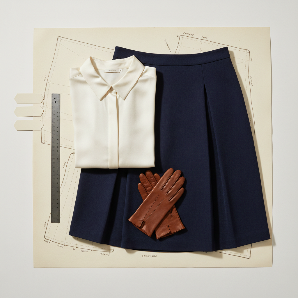An overhead, photographic lay-flat composition of a meticulously folded ivory silk blouse, a structured navy skirt, and a pair of leather gloves, all arranged on a large pattern paper sheet printed with faint, vintage-inspired garment diagrams. Along one side, a slim metal ruler and a set of blank, tiered size tags shaped as elegant rectangles subtly suggest sizing options without text. Soft, directional studio light from the top of the frame glides across the silk’s sheen and the skirt’s crisp pleats, casting precise, pencil-thin shadows. The mood is refined and archival, as if documenting heirloom pieces, with a balanced, rule-of-thirds composition suited to an e-commerce category or editorial page.