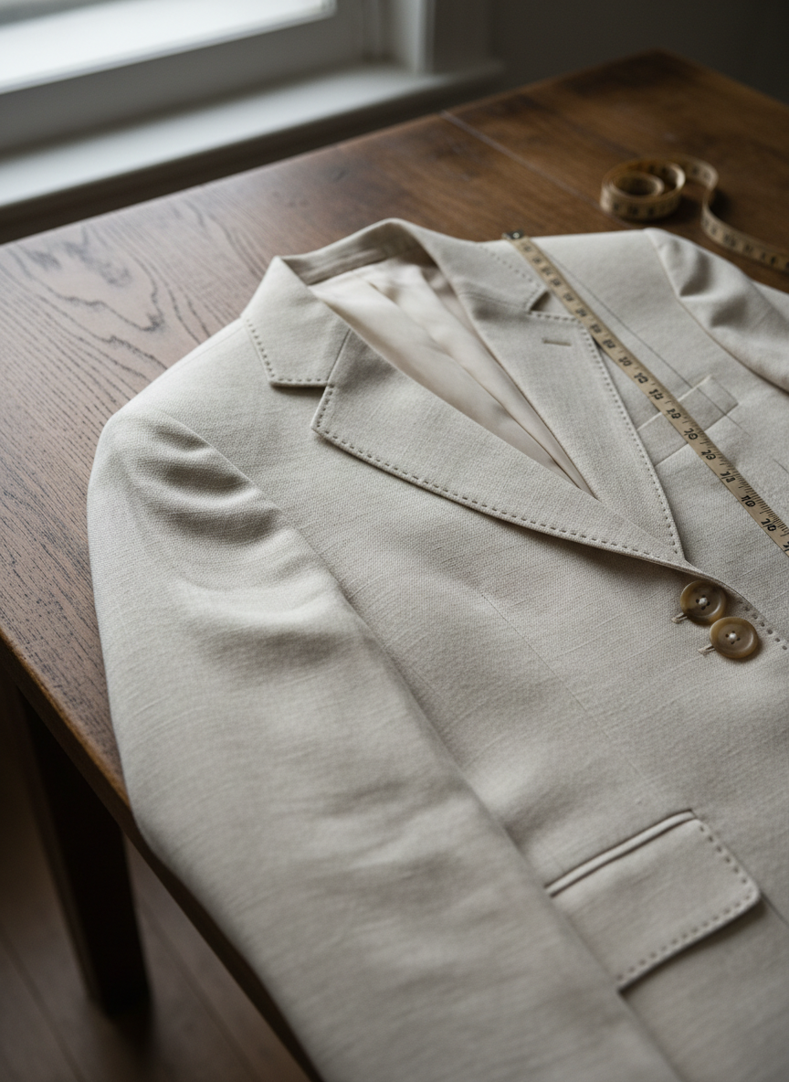 A close-up photographic study of a cream-colored linen blazer laid flat on a dark oak table, focusing on the sharp notch lapel, finely pick-stitched edges, and matte horn-style buttons. The camera lingers on the shoulder and armhole area, revealing structured padding and clean seam alignment, with a visible measuring tape and pattern chalk lines beside the garment hinting at sizing and bespoke construction. Soft overcast light from a nearby window creates delicate highlights in the linen’s slub texture and faint shadows in the folds. Shot from a slightly elevated angle with shallow depth of field, the mood is calm, meticulous, and scholarly, evoking antique tailoring manuals updated for a modern brand.