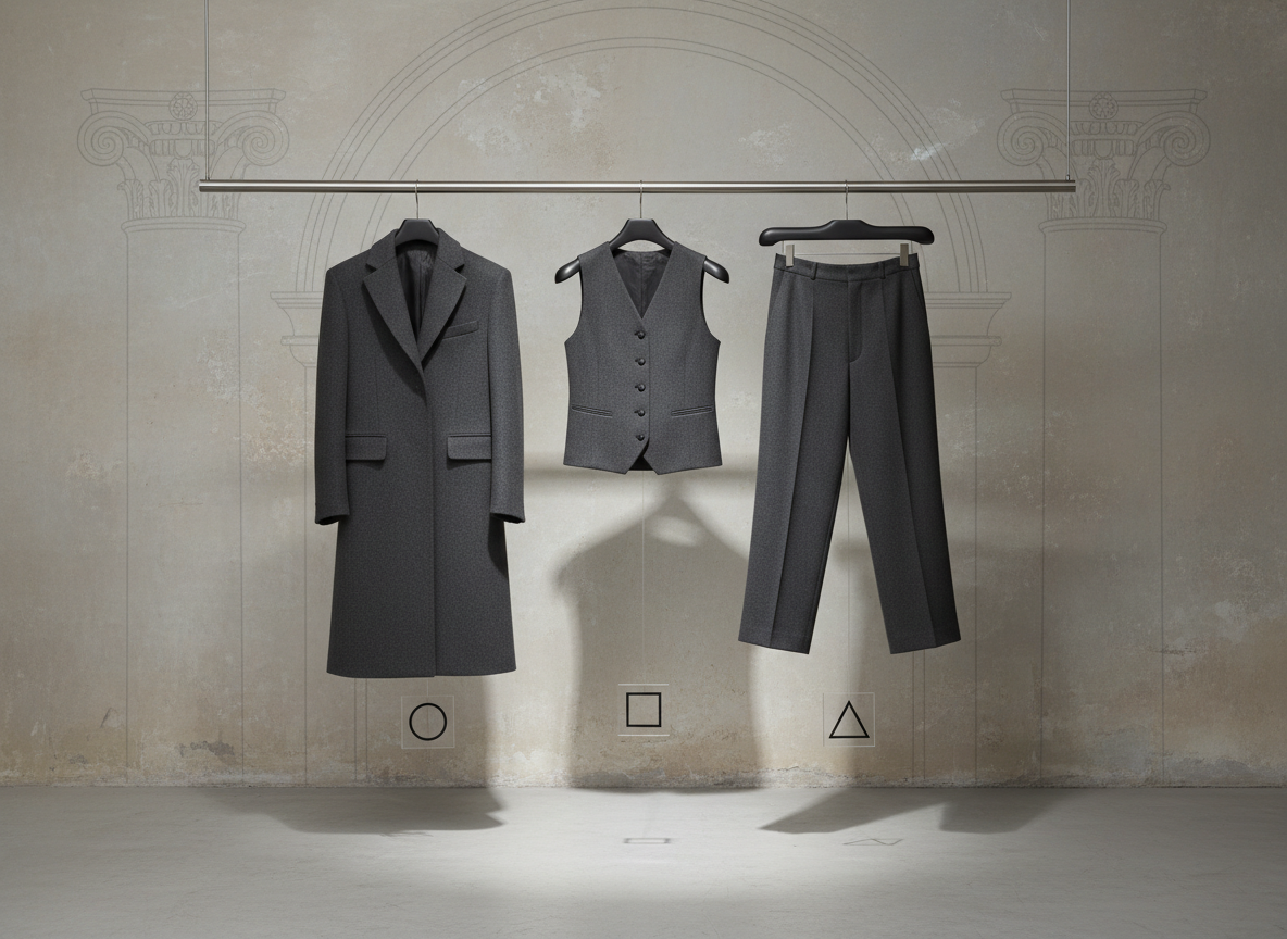 A full-length ensemble featuring a charcoal structured coat, high-waisted tailored trousers, and a fitted waistcoat, each piece hung on sculptural, matte black hangers along a brushed metal rail. Behind them, a muted backdrop of aged plaster walls with faint, ghosted outlines of classical architectural drawings establishes antique inspiration. Discreet, floating acrylic size markers hang below each garment, using simple geometric icons instead of text. The lighting is soft studio illumination with a gentle spotlight on the central pieces, casting refined, linear shadows. Framed in a wide, straight-on composition with ample negative space above and below the rail, the photograph feels like a curated gallery display designed for a fashion brand’s collection overview page.