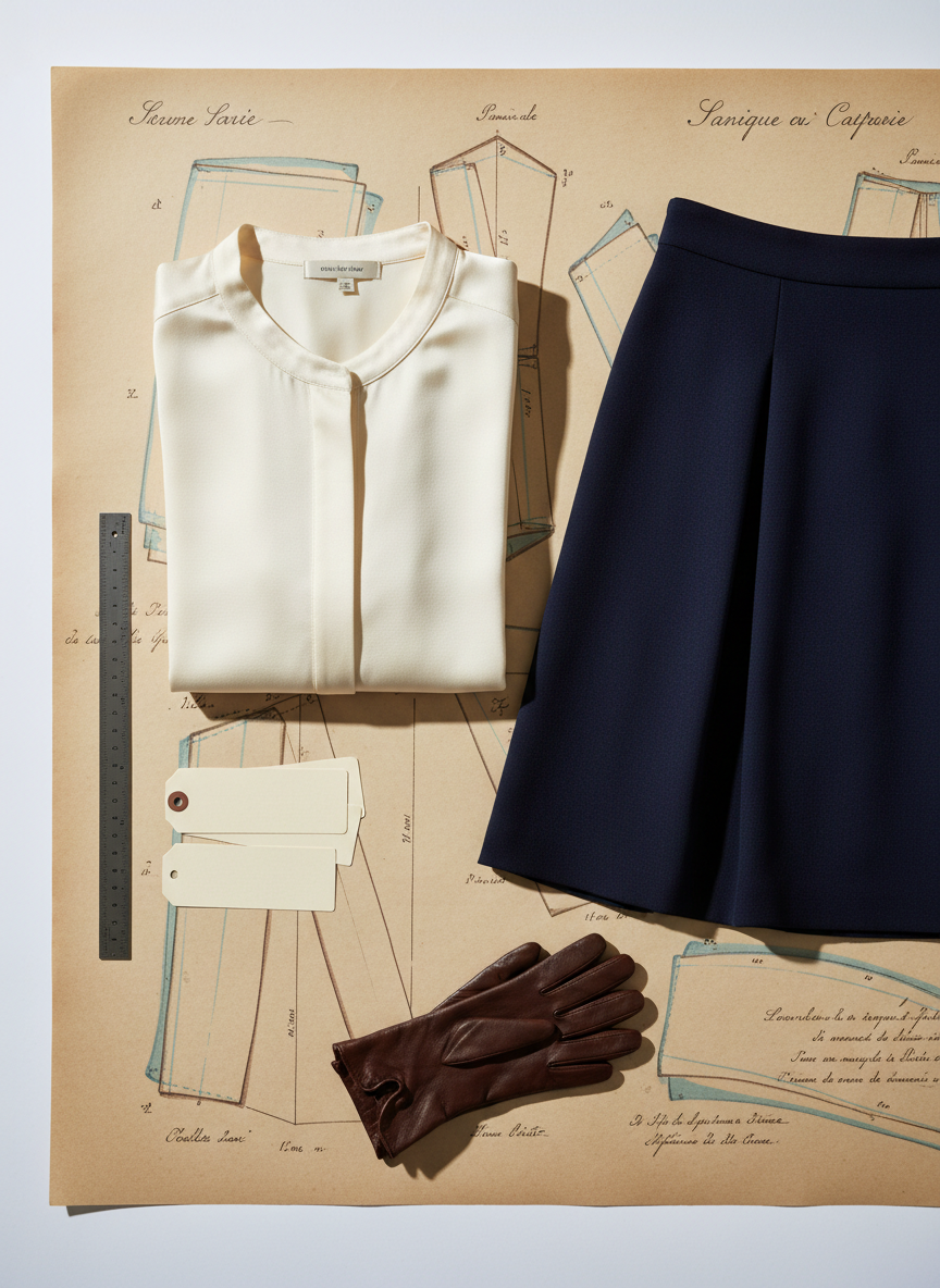 An overhead, photographic lay-flat composition of a meticulously folded ivory silk blouse, a structured navy skirt, and a pair of leather gloves, all arranged on a large pattern paper sheet printed with faint, vintage-inspired garment diagrams. Along one side, a slim metal ruler and a set of blank, tiered size tags shaped as elegant rectangles subtly suggest sizing options without text. Soft, directional studio light from the top of the frame glides across the silk’s sheen and the skirt’s crisp pleats, casting precise, pencil-thin shadows. The mood is refined and archival, as if documenting heirloom pieces, with a balanced, rule-of-thirds composition suited to an e-commerce category or editorial page.