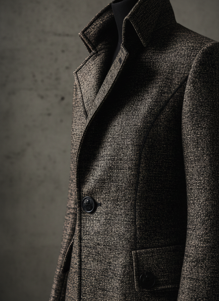 Close editorial detail of a structured garment showing fabric texture and precise stitching
