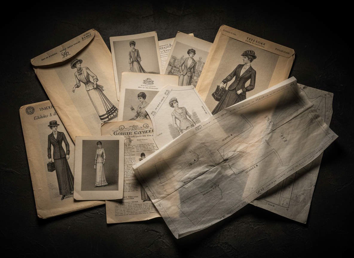 Antique sewing patterns and aged fashion catalog pages layered on a dark surface